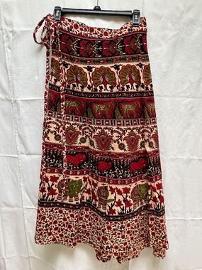 Black, Red, Green & Beige Animal Patterned Midi A-line Wrap Skirt